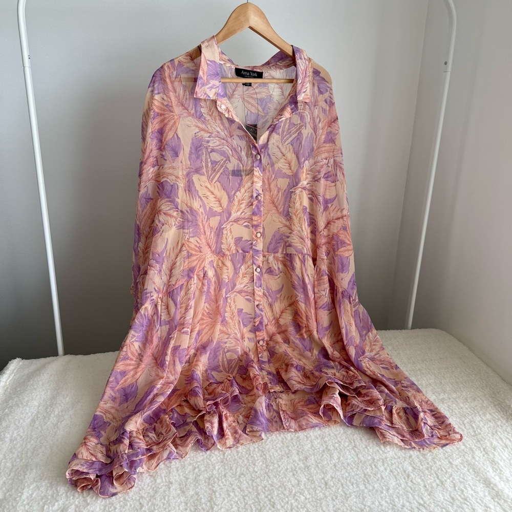 Arna York Women's Long Sleeve Ruffle Hem Flowy Tunic, Purple, Size 30/32